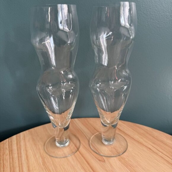 Vtg Clear Nude Nudies Female Torso Champagne Flutes Set Of 2 7 oz Clear - Picture 3 of 10